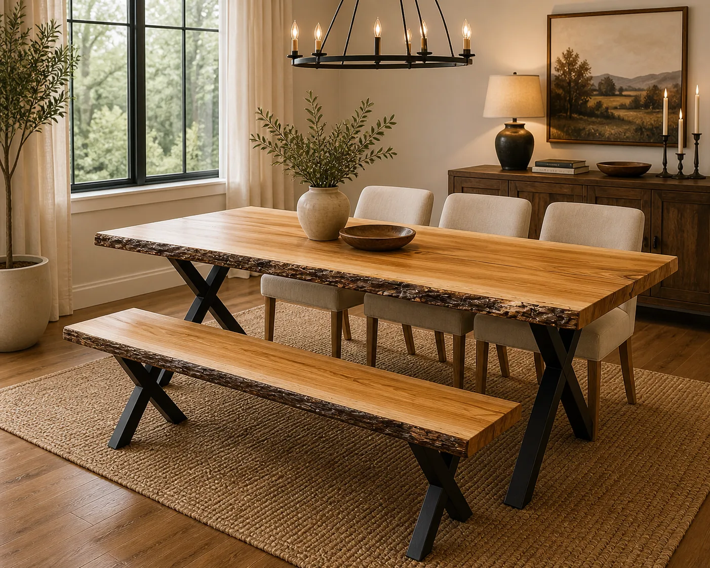 White ash dining table with bench